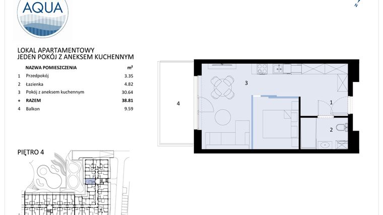 Rzut - Mieszkanie na sprzedaż 2 pokoje o powierzchni 38,81 m² - numer D411 w Polanki Aqua