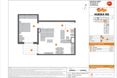 Rzut - Mieszkanie na sprzedaż 2 pokoje o powierzchni 50,7 m² - numer B.109 w Hubska 100
