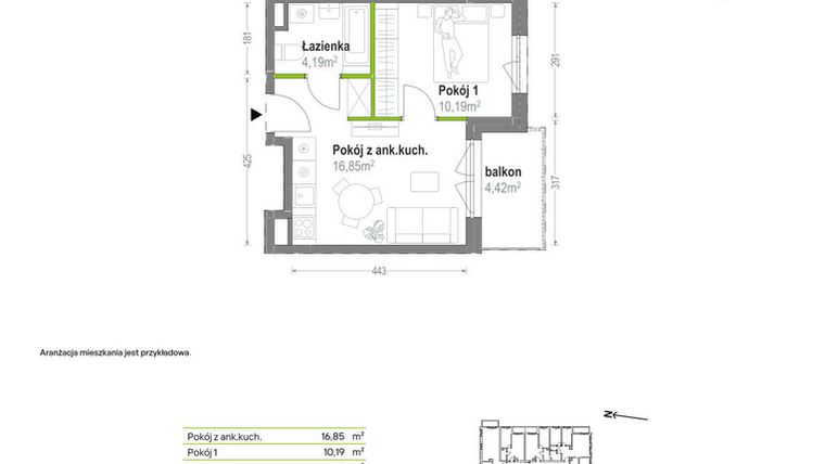 Rzut - Mieszkanie na sprzedaż 2 pokoje o powierzchni 31,23 m² - numer B.A.1.02 w Głębocka Vita