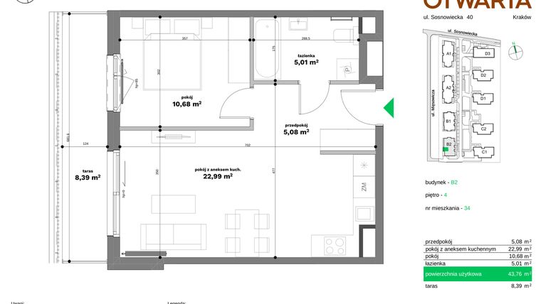 Rzut - Mieszkanie na sprzedaż 2 pokoje o powierzchni 43,76 m² - numer B2-34 w Forma Otwarta etap II