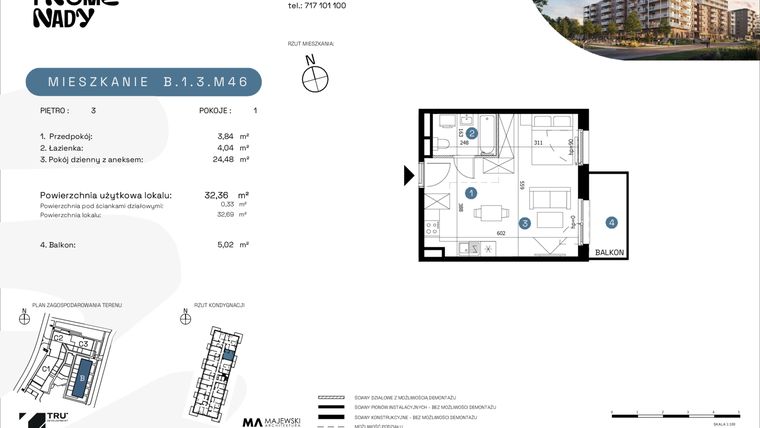 Rzut - Mieszkanie na sprzedaż 1 pokój o powierzchni 32,36 m² - numer B.1.3.M46 w Nowe Promenady etap II