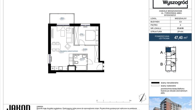 Rzut - Mieszkanie na sprzedaż 2 pokoje o powierzchni 47,4 m² - numer C3.A16 w Nowy Wyszogród etap III