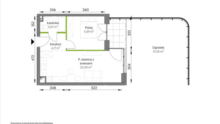 Rzut - Mieszkanie na sprzedaż 2 pokoje o powierzchni 42,63 m² - numer A1/00/01 w WUWA Vita