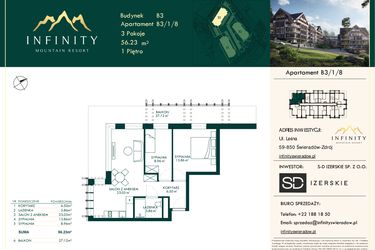 Rzut - Mieszkanie na sprzedaż 3 pokoje o powierzchni 56,23 m² - numer B3.1.8 w Infinity Mountain Resort
