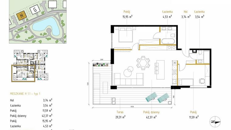 Rzut - Mieszkanie na sprzedaż 3 pokoje o powierzchni 81,72 m² - numer 1.1/H w Panorama Park