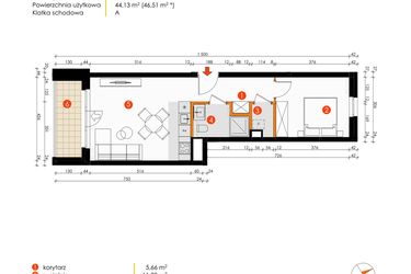Rzut - Mieszkanie na sprzedaż 2 pokoje o powierzchni 44,13 m² - numer A.9.1 w Platanowy Park etap IV