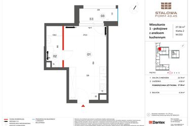 Rzut - Mieszkanie na sprzedaż 1 pokój o powierzchni 27,58 m² - numer 33 w Stalowa Form 43.45