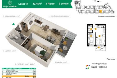 Rzut - Mieszkanie na sprzedaż 2 pokoje o powierzchni 43,45 m² - numer M17 w Moja Skawina