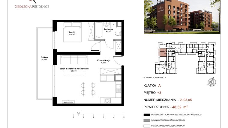 Rzut - Mieszkanie na sprzedaż 2 pokoje o powierzchni 48,9 m² - numer A-03-05 w Siedlecka Residence