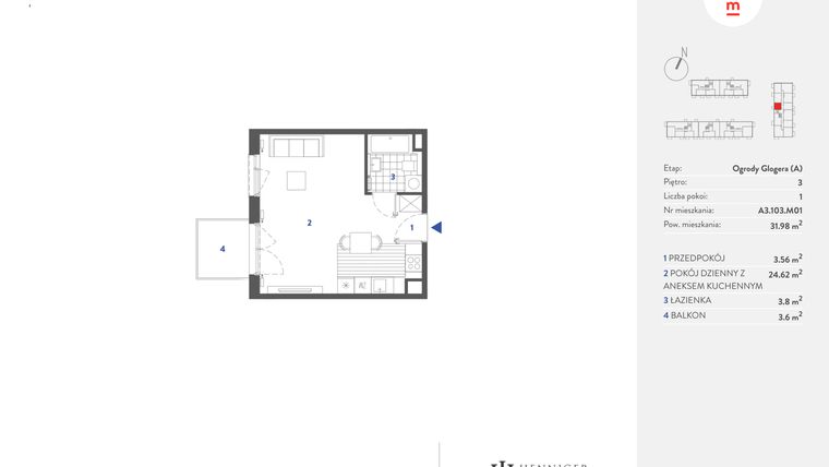 Rzut - Mieszkanie na sprzedaż 1 pokój o powierzchni 31,97 m² - numer A3.103.M01 w Mieszkaj w mieście - Ogrody Glogera