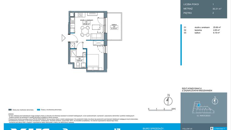 Rzut - Mieszkanie na sprzedaż 1 pokój o powierzchni 30,38 m² - numer A.2.14 w Rakoczego 17