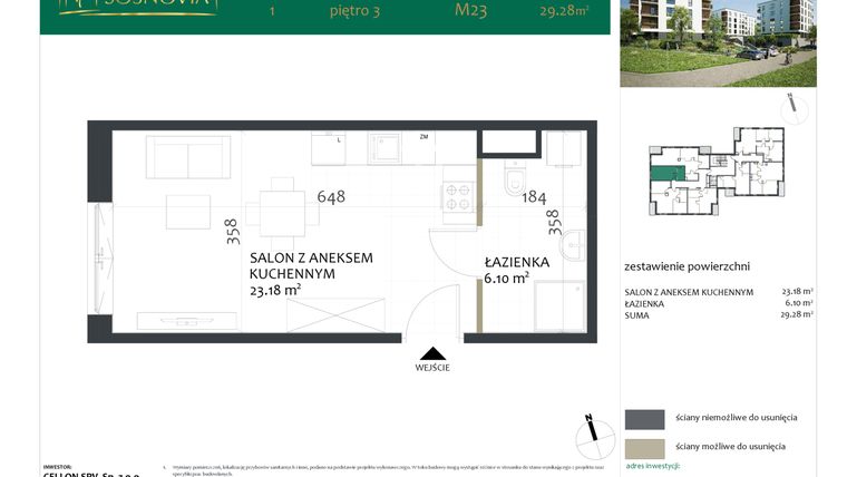 Rzut - Mieszkanie na sprzedaż 1 pokój o powierzchni 29,28 m² - numer 2.M23 w Sosnovia