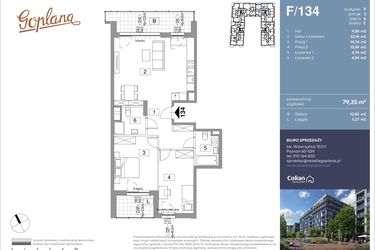Rzut - Mieszkanie na sprzedaż 3 pokoje o powierzchni 79,35 m² - numer F134 w Goplana budynek F