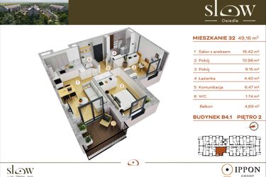Rzut - Mieszkanie na sprzedaż 3 pokoje o powierzchni 49,16 m² - numer M32 w Osiedle SLOW