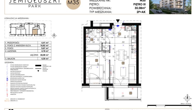 Rzut - Mieszkanie na sprzedaż 2 pokoje o powierzchni 35,08 m² - numer A2_M35 w Jemiołuszki Park etap 2
