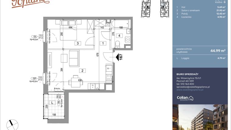 Rzut - Mieszkanie na sprzedaż 2 pokoje o powierzchni 45,34 m² - numer F167 w Goplana budynek F