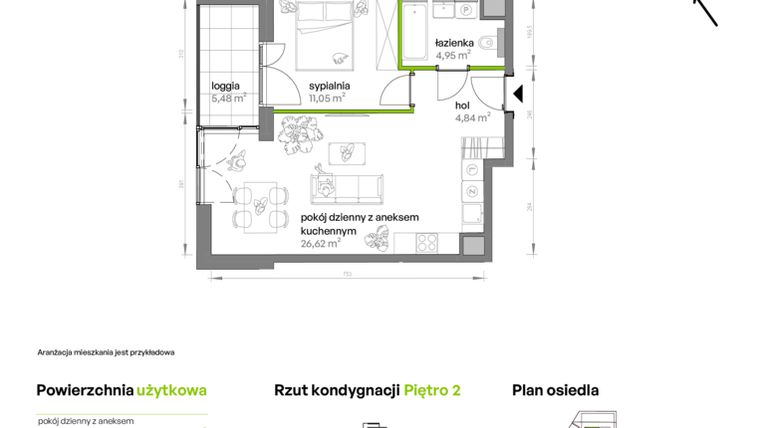 Rzut - Mieszkanie na sprzedaż 2 pokoje o powierzchni 47,46 m² - numer AA0205 w Ptasia Vita