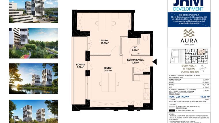 Rzut - Lokal użytkowy na sprzedaż 2 pokoje o powierzchni 48,8 m² - numer A.3.36U w Aura Towers