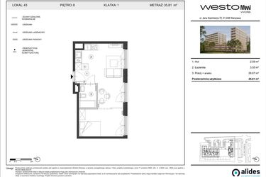 Rzut - Mieszkanie na sprzedaż 1 pokój o powierzchni 35,81 m² - numer 43 w Westo Wola