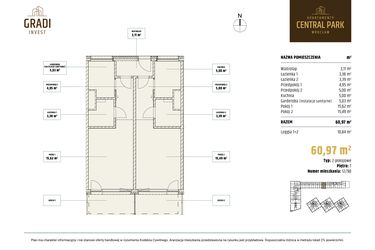 Rzut - Mieszkanie na sprzedaż 2 pokoje o powierzchni 60,97 m² - numer 12.90 w Apartamenty Central Park Wrocław