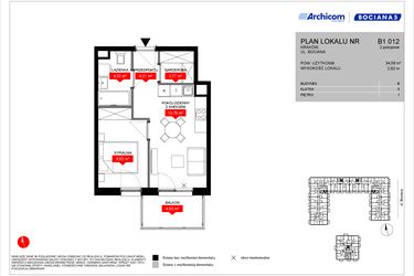 Rzut - Mieszkanie na sprzedaż 2 pokoje o powierzchni 34,58 m² - numer B1 012 w Osiedle Bociana 5