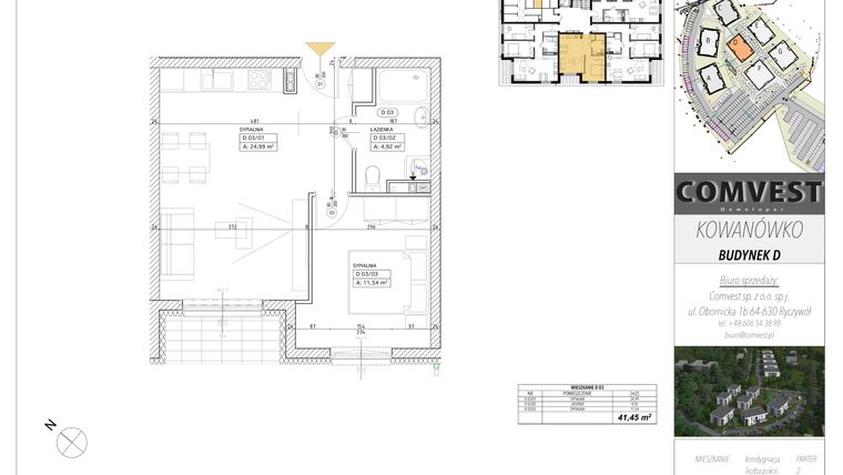 Rzut - Mieszkanie na sprzedaż 2 pokoje o powierzchni 41,45 m² - numer D3 w Kowanówko