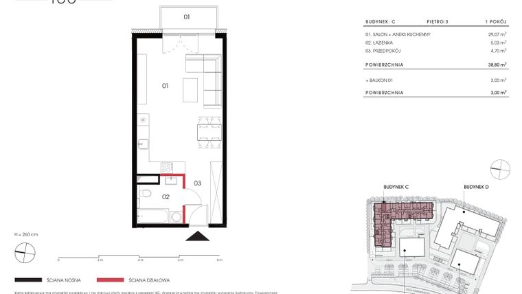 Rzut - Mieszkanie na sprzedaż 1 pokój o powierzchni 38,8 m² - numer C 3.07 w Naramowicka 100