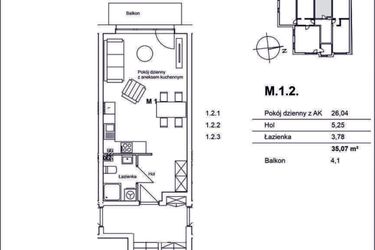 Rzut - Mieszkanie na sprzedaż 1 pokój o powierzchni 35,07 m² - numer M.1.2 w Konopnickiej 12