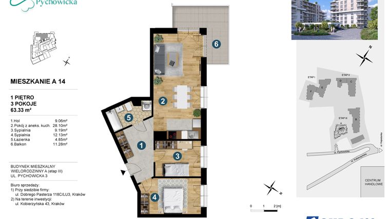 Rzut - Mieszkanie na sprzedaż 3 pokoje o powierzchni 61,3 m² - numer A.14 w Kapelanka-Pychowicka Etap III