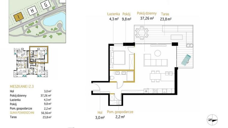 Rzut - Mieszkanie na sprzedaż 2 pokoje o powierzchni 56,56 m² - numer 2.3/I w Panorama Park