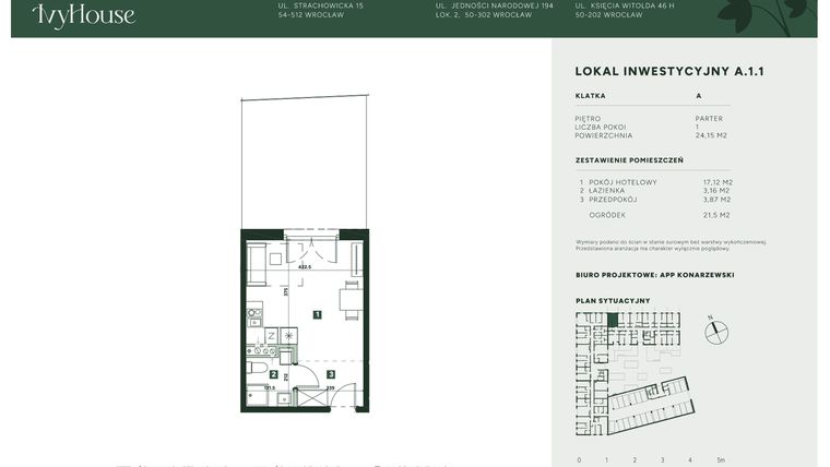 Rzut - Mieszkanie na sprzedaż 1 pokój o powierzchni 24,15 m² - numer A.1.1 w IVY HOUSE - Apartamenty inwestycyjne