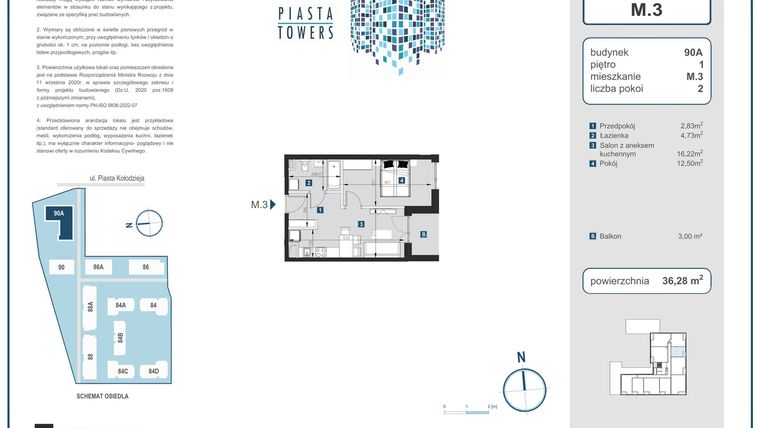 Rzut - Mieszkanie na sprzedaż 2 pokoje o powierzchni 36,28 m² - numer 3 w Piasta Towers bud. 90A