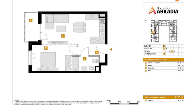 Rzut - Mieszkanie na sprzedaż 2 pokoje o powierzchni 41,35 m² - numer B1.40 w Osiedle Arkadia etap 2