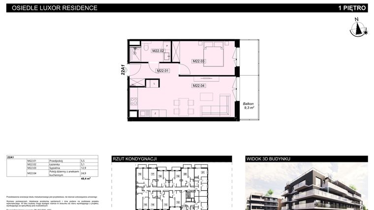 Rzut - Mieszkanie na sprzedaż 2 pokoje o powierzchni 48,4 m² - numer A1.22 w Luxor Residence