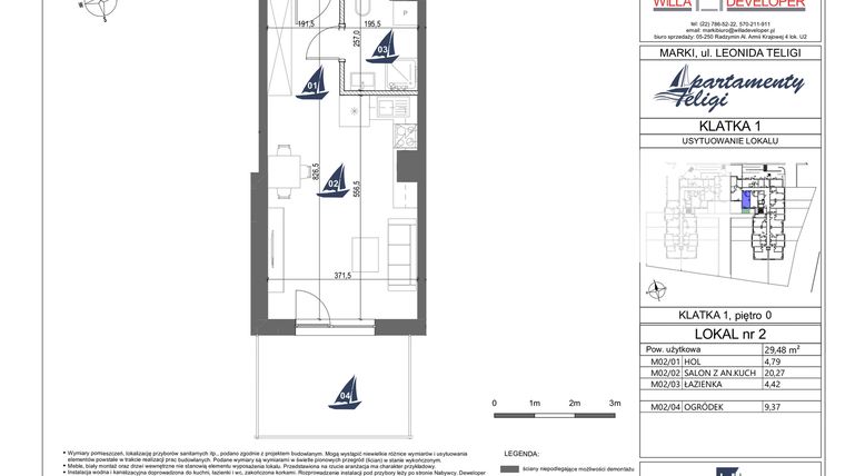 Rzut - Mieszkanie na sprzedaż 1 pokój o powierzchni 29,48 m² - numer 2 w Apartamenty Teligi