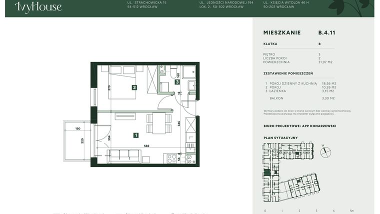 Rzut - Mieszkanie na sprzedaż 2 pokoje o powierzchni 31,97 m² - numer B.4.11 w IVY HOUSE