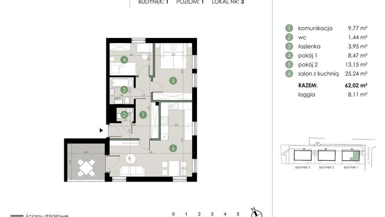 Rzut - Mieszkanie na sprzedaż 3 pokoje o powierzchni 62,02 m² - numer 1.3. w Osiedle Kwiatowa