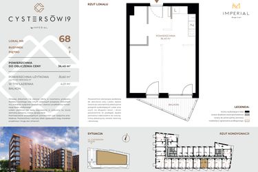Rzut - Mieszkanie na sprzedaż 1 pokój o powierzchni 36,45 m² - numer 68 w Cystersów 19 - lokale inwestycyjne