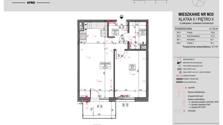 Rzut - Mieszkanie na sprzedaż 2 pokoje o powierzchni 41,7 m² - numer 35 w Antczaka 46