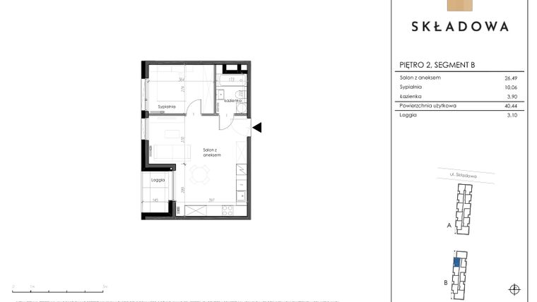 Rzut - Mieszkanie na sprzedaż 2 pokoje o powierzchni 40,44 m² - numer B65 w Apartamenty Składowa