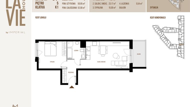 Rzut - Mieszkanie na sprzedaż 2 pokoje o powierzchni 50,95 m² - numer 37 w La Vie House