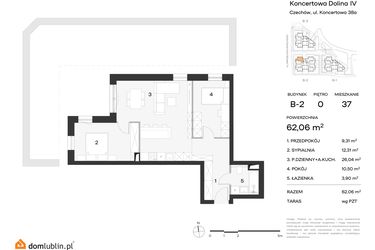 Rzut - Mieszkanie na sprzedaż 2 pokoje o powierzchni 62,06 m² - numer 37 w Koncertowa Dolina