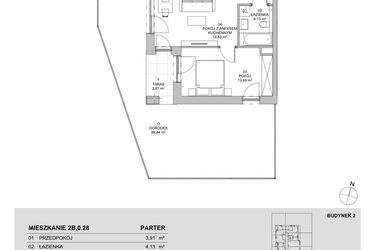 Rzut - Mieszkanie na sprzedaż 2 pokoje o powierzchni 41,36 m² - numer 2B.0.28 w Francuska Park VIIIA