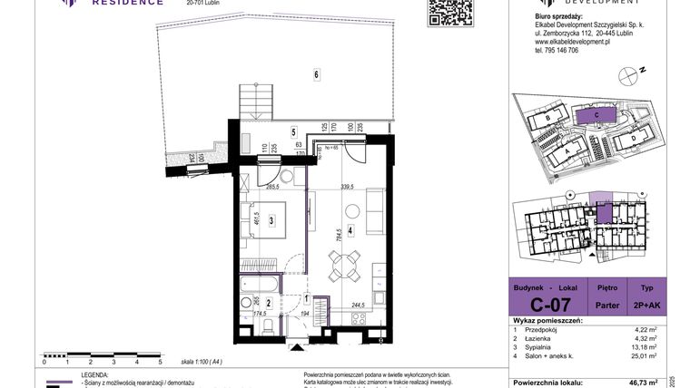 Rzut - Mieszkanie na sprzedaż 2 pokoje o powierzchni 46,73 m² - numer C-07 w Szerokie Residence