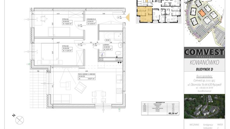 Rzut - Mieszkanie na sprzedaż 3 pokoje o powierzchni 60,39 m² - numer D4 w Kowanówko