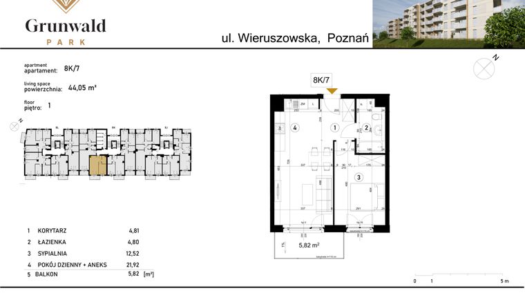 Rzut - Mieszkanie na sprzedaż 2 pokoje o powierzchni 44,05 m² - numer 8 K/7 w Grunwald Park