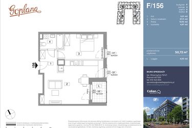 Rzut - Mieszkanie na sprzedaż 2 pokoje o powierzchni 50,72 m² - numer F156 w Goplana budynek F