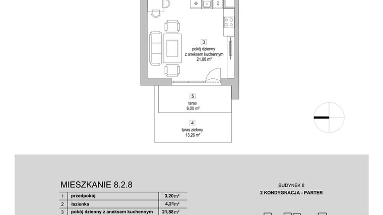 Rzut - Mieszkanie na sprzedaż 1 pokój o powierzchni 29,34 m² - numer 8.2.8 w Osiedle Przyjemne III
