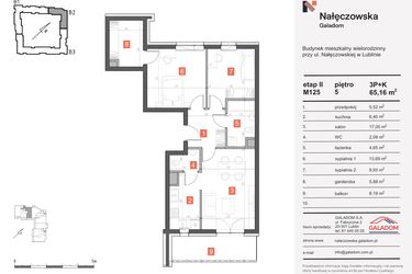 Rzut - Mieszkanie na sprzedaż 3 pokoje o powierzchni 65,16 m² - numer M-125 w Nałęczowska etap II