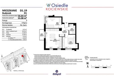 Rzut - Mieszkanie na sprzedaż 3 pokoje o powierzchni 55,08 m² - numer D1.19 w Osiedle Kociewskie etap IV